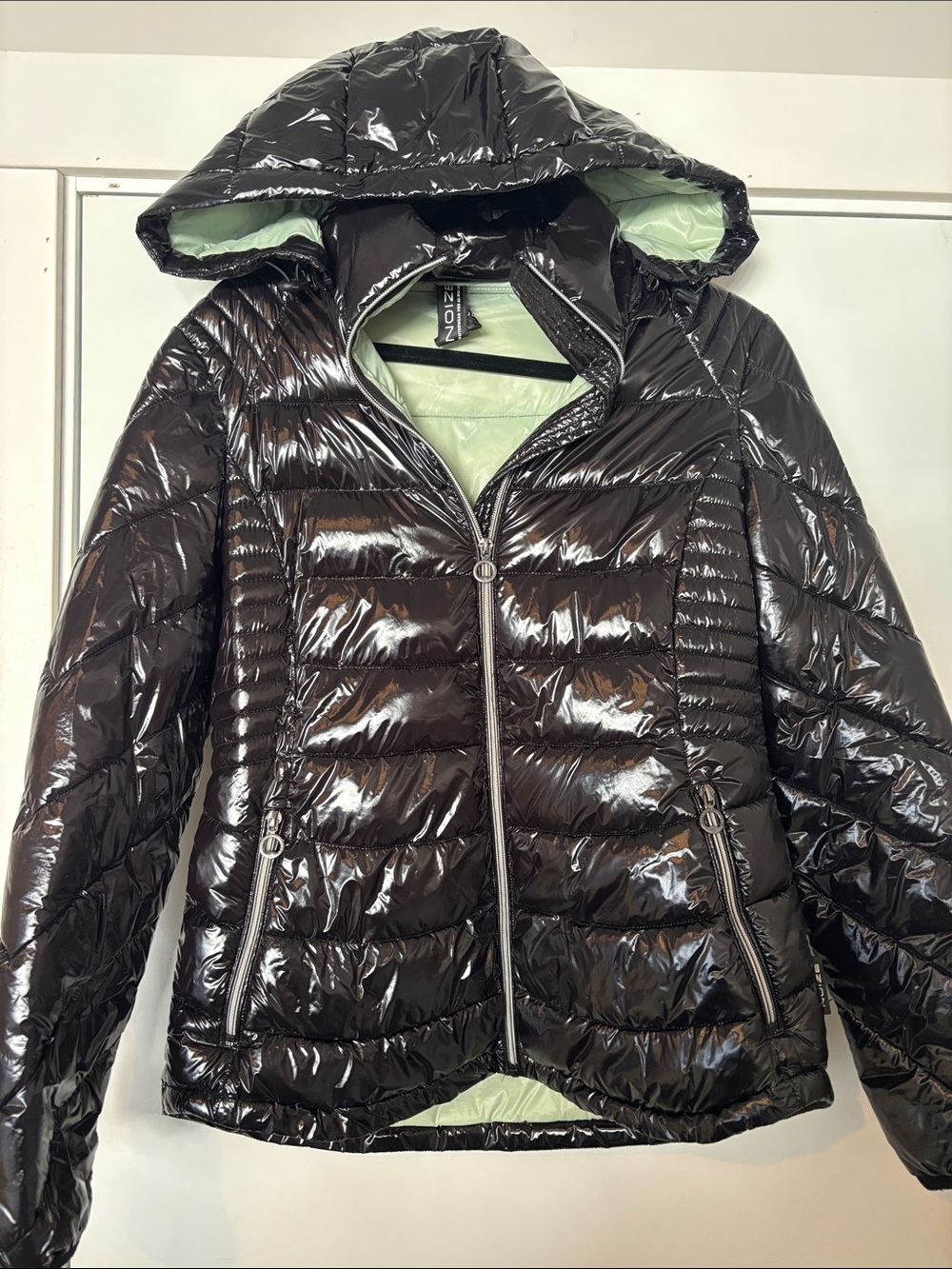 Noize Shiny black Hooded Puffer with Mint Lining
